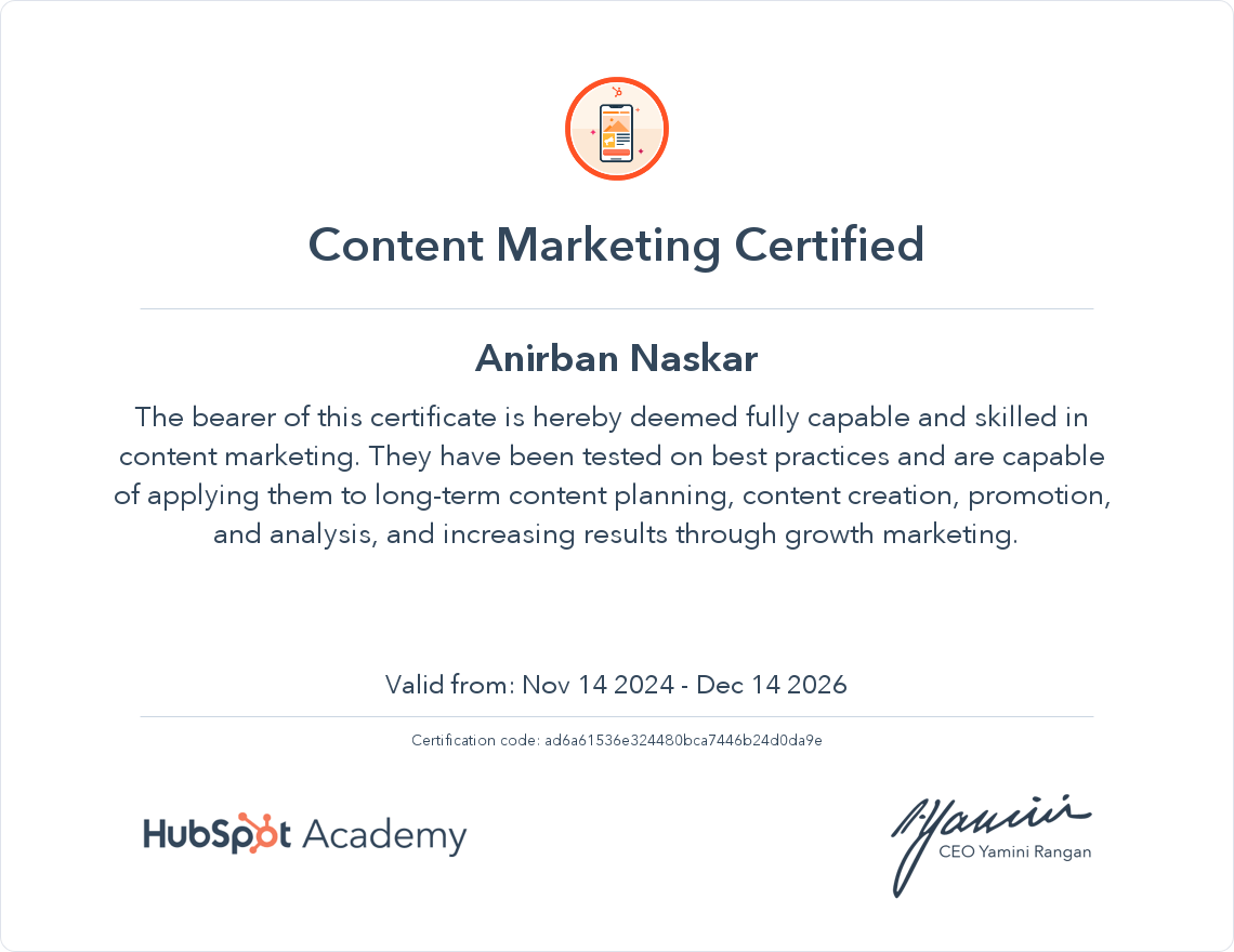 Content Marketing Certificate - Hubspot Academy