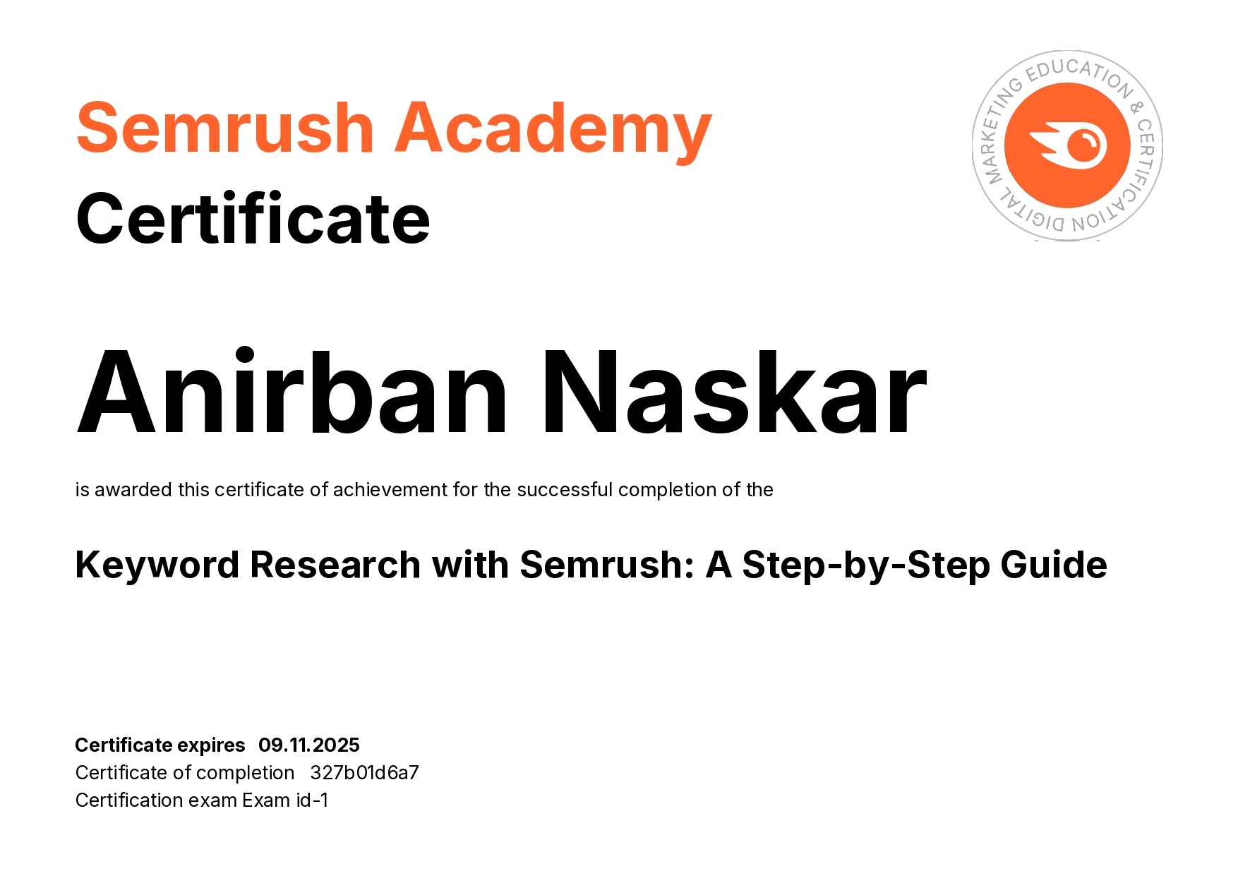Keyword Research Certificate - Semrush Academy