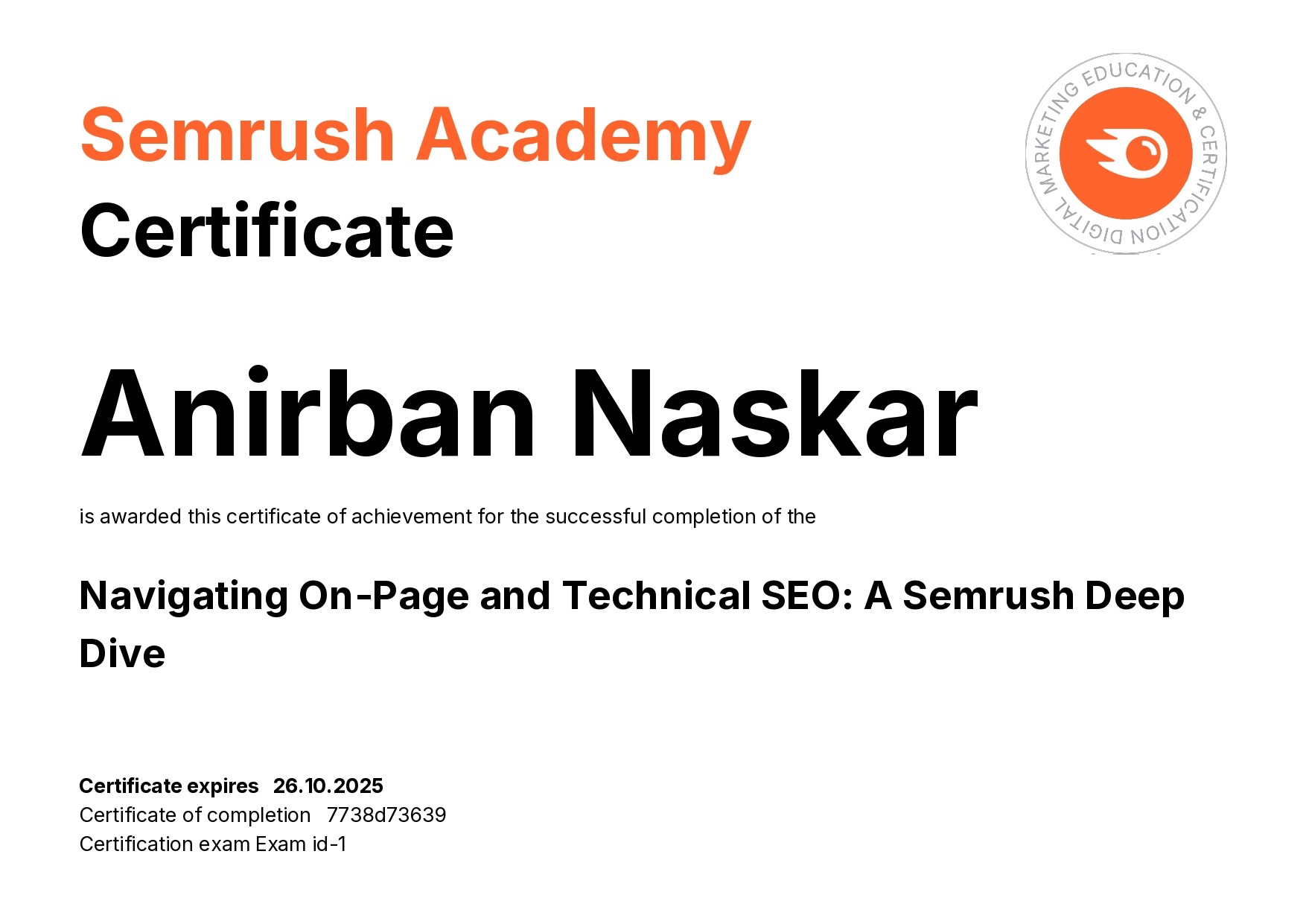 On-page and Technical SEO certificate - Semrush Academy