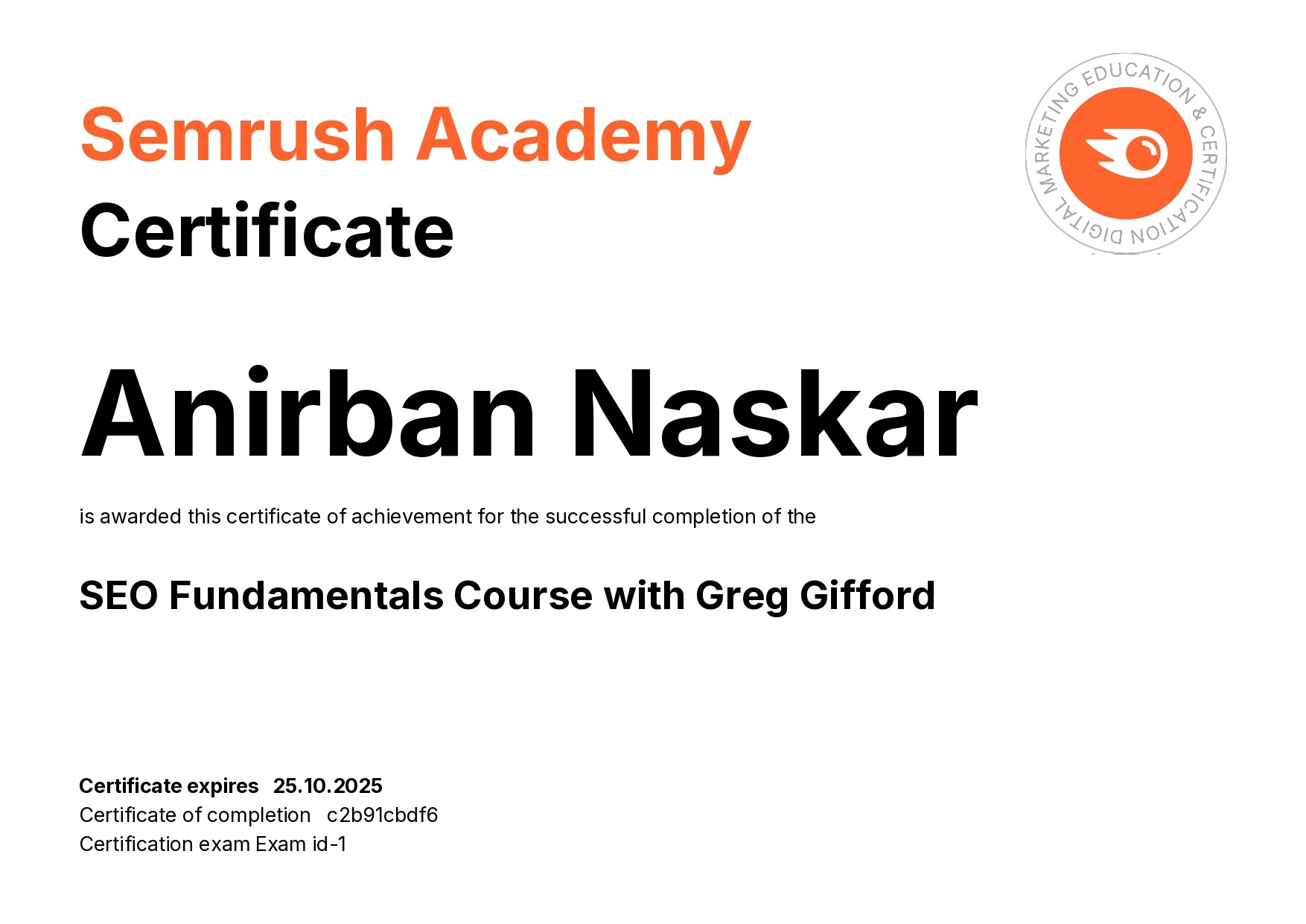 Seo Fundamentals Certifcate _ Semrush Academy